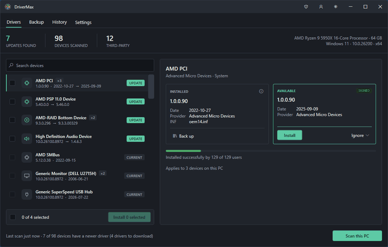 DriverMax 18 Drivers tab, showing the install record for a driver