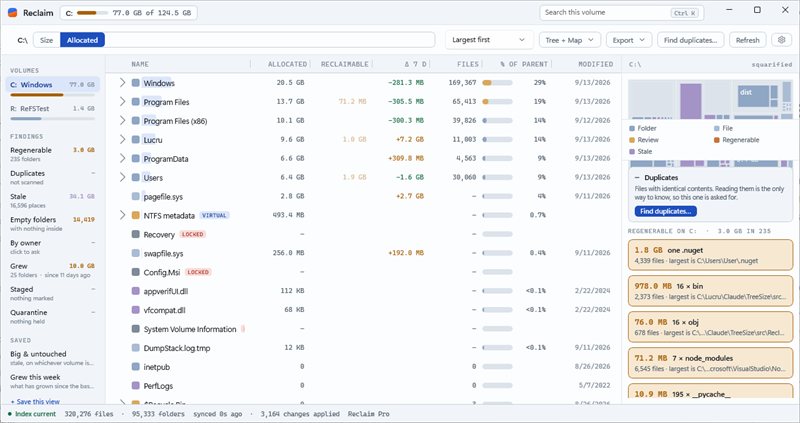 Reclaim showing the folder tree with Allocated, Reclaimable and 7-day change columns, the treemap and the regenerable folders on C: